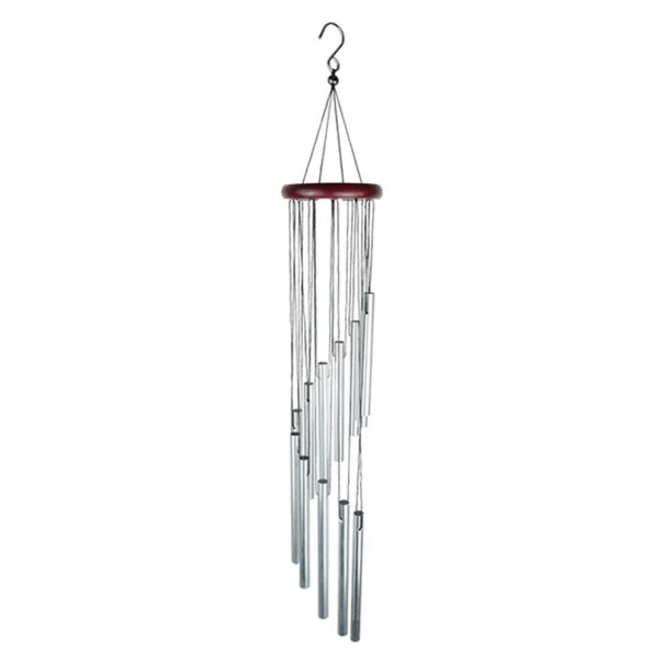 Zilveren hangende bel met aluminium buizen en rood hout ter decoratie in het appartement, op het terras en in de tuin 1