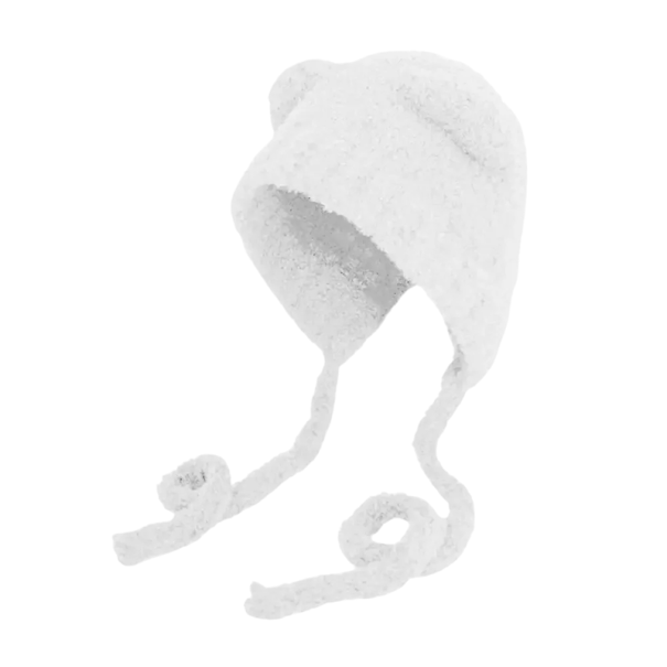 Zimná plyšová pletená čiapka s medvedími ušami a šnúrkami pod krkom Roztomilá teplá vlnená čiapka 56–58 cm Štýl Gorros Korea Dámska čiapka biela