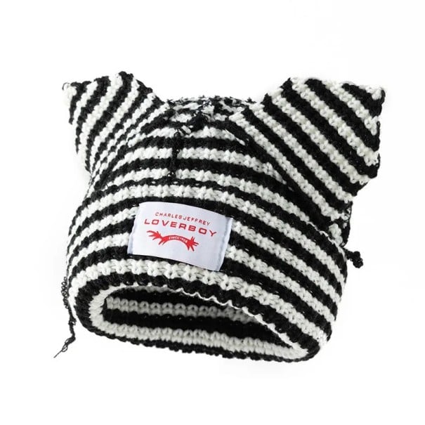 Zimní pruhovaná čepice Skullies s kočičími ušima Háčkovaný unisex klobouk 55–60 cm Teplá módní hip-hop čepice Kostýmní pletený klobouk černá