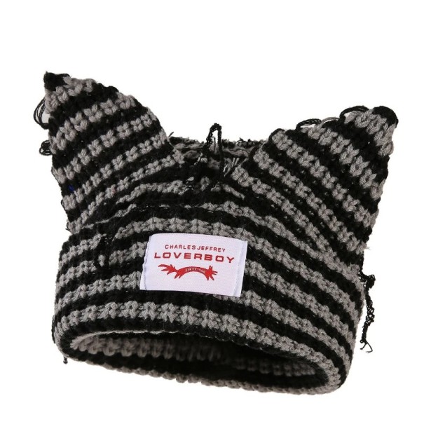 Zimní pruhovaná čepice Skullies s kočičími ušima Háčkovaný unisex klobouk 55–60 cm Teplá módní hip-hop čepice Kostýmní pletený klobouk Vánoční dárek šedá
