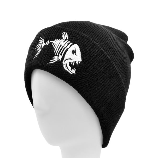 Zimowa czarna pleciona czapka z białym motywem rybiej czaszki Żebrowana plecionka z podwiniętym brzegiem Poliester Obwód głowy 50 do 58 cm 1