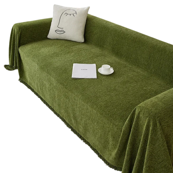 Žinylkový potah na pohovku Elegantní třásně 180 x 180 cm Žinylka textura rybí kosti Přehoz na sedačku a gauč do obývacího pokoje tmavě zelená