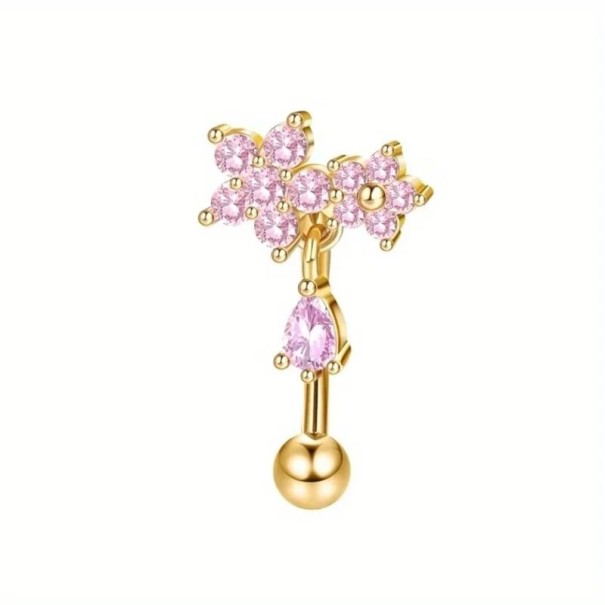 Zlatý piercing z nerezové oceli 8 x 1,2 mm Růžové diamanty a květiny Jemný dekorativní šperk do nosu ucha 1