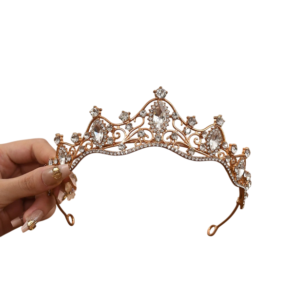 Złota kryształowa korona do włosów Uniwersalny rozmiar Uroczysty diadem z kamieniami Elegancka ozdoba ślubna do włosów biały