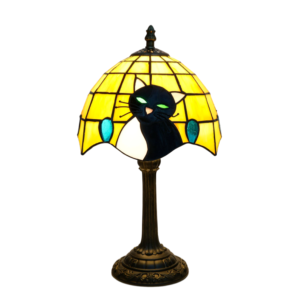 Žlutá stolní lampa Tiffany s černou kočkou, dekorativní stínidlo, zdobená noha, noční lampička a doplněk do ložnice a obývacího pokoje 1