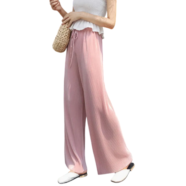 Zomer Dames Losse Geplooide Broek Wijde Zijden Broek met Elastische Taille Lichtgewicht Luchtig Materiaal Elegant Comfortabel roze