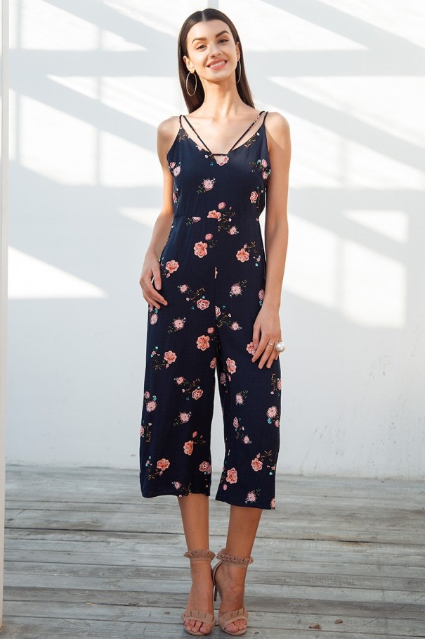 Zomerse damesjumpsuit met bloemenpatroon J1363 blauw M
