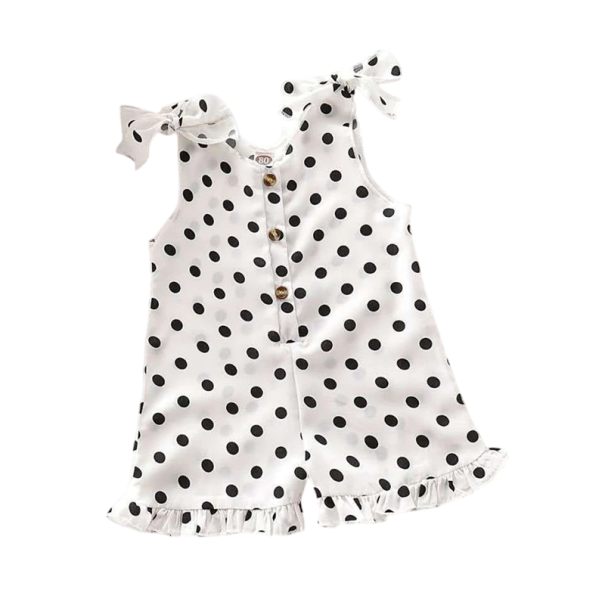 Zomerse meisjes overall zonder mouwen Witte stippenmodel met strikjes op de schouders Katoenen en polyester korte overall met knopen 5