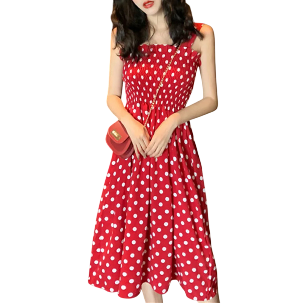 Zomerse midi-jurk met brede bandjes en stippen. Elastische lijfje. A-lijn rok. Lichtgewicht materiaal. Luchtige en comfortabele jurk voor dagelijks gebruik. rood XS