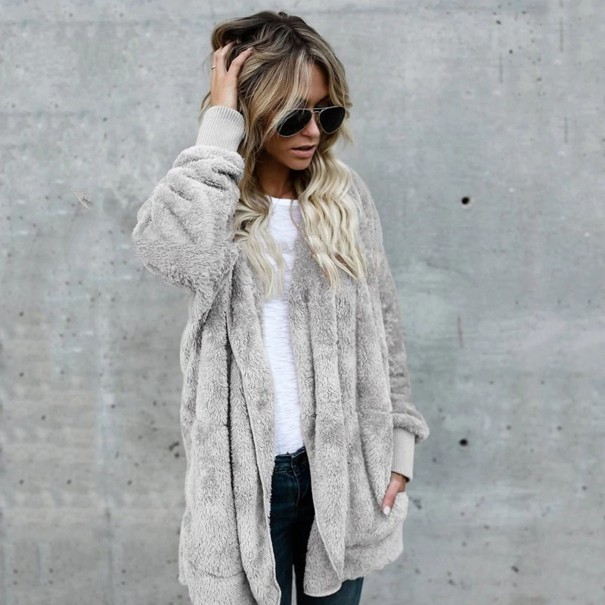Zotteliger Damen-Cardigan mit Kapuze grau M