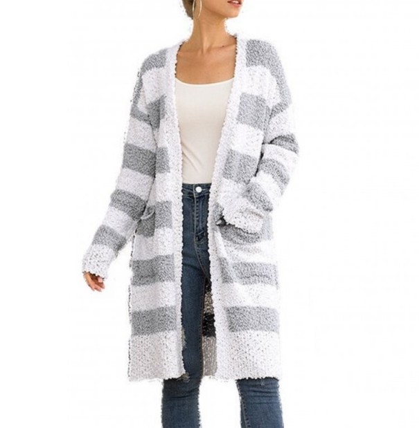 Zotteliger, gestreifter Damen-Cardigan grau XL