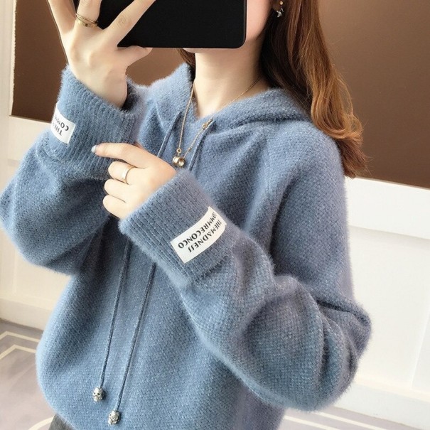 Zottelpullover für Damen mit Kapuze blau