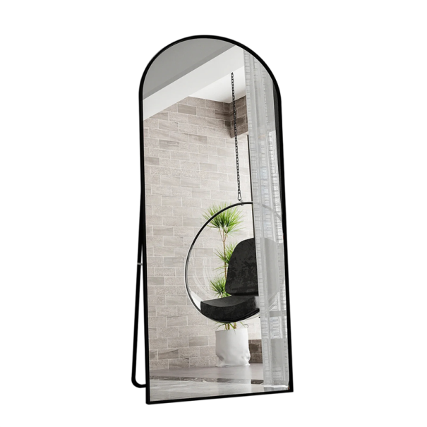 Zrcadlo do celé výšky obloukové 180 x 80 cm Tvrzené sklo a hliníkový rám Nastavitelná opěra Na postavení i zavěšení do ložnice černá