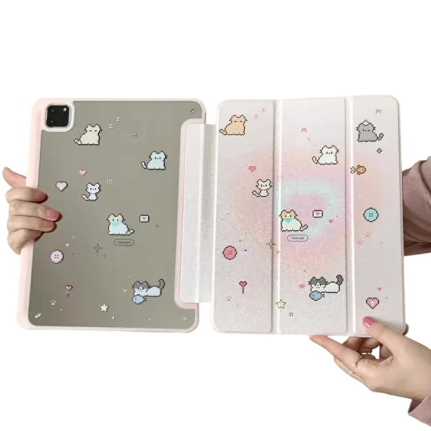 Zrcadlové pouzdro na tablet iPad Pro 10,5 palce s motivem pixelových koček akryl a plast růžová barva se sklopným stojánkem 1