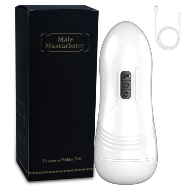 Zuig- en beweegbare masturbator, kunstmatige vagina met realistische adering, zuigstimulatie, 10 vibratiefrequenties, waterdichte inleg en discrete verpakking. wit