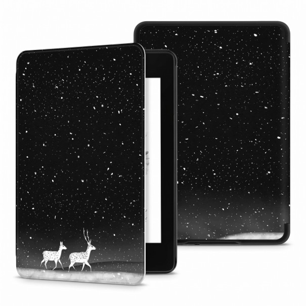 Zwart flipcase 6 inch voor Kindle 10e generatie 2019 met witte hert en hind in vallende sneeuw tijdens een winternacht met band en folie 1