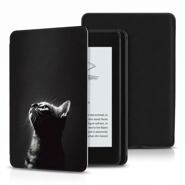 Zwart flipcase 6 inch voor Kindle 10e generatie 2019 met zwart-wit portret van een omhoogkijkende kat met handriem en folie 1