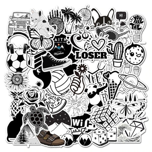 Zwart-witte stickers met diverse motieven 50 stuks Set PVC-stickers met dieren en planten Grootte ongeveer 5 cm Versiering voor een reiskoffer 1