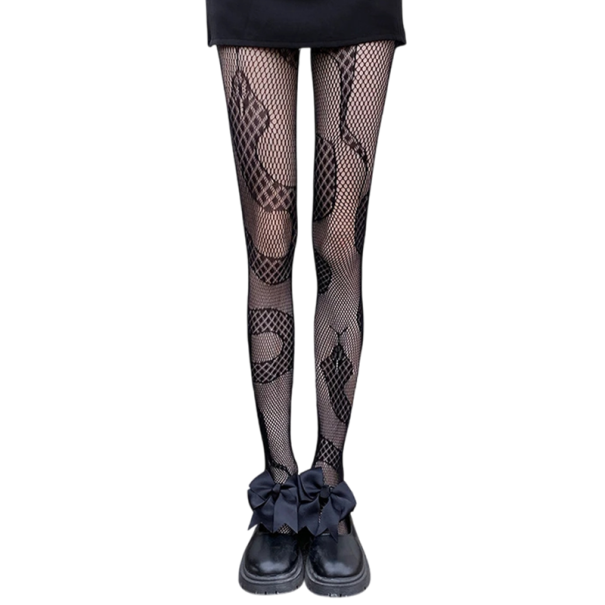 Zwarte doorschijnende netkousen voor dames met slangen Sexy panty Origineel motief Elegant ontwerp Stoer modeaccessoire 1