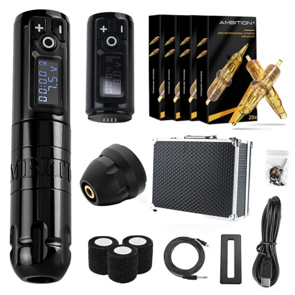Zwarte draadloze tattoo-penset met 2400 mAh kernloze motor en andere accessoires Complete tattoo-set met 80 stuks tattoo-cartridges van verschillende formaten voor beginners en professionals Stille, krachtige tattoo-pen met LED-display en tattoo-cartridges voor lijnen en schaduwen 14,8 x 3,2 cm 1