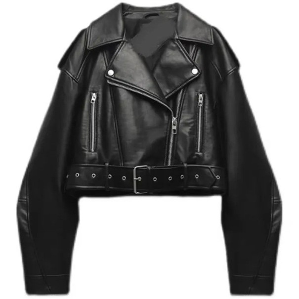 Zwarte imitatieleren damesjas Korte bikerstijl Asymmetrische rits Tailleband Metalen ritsen Rocklook Modieuze lentejas XL