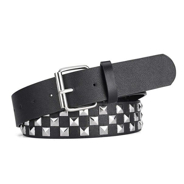 Zwarte PU leren riem 107 x 3,8 cm Kleurrijke klinknagels in een dambordpatroon Stijlvolle rock unisex riem met een metalen gesp Ideaal zilver