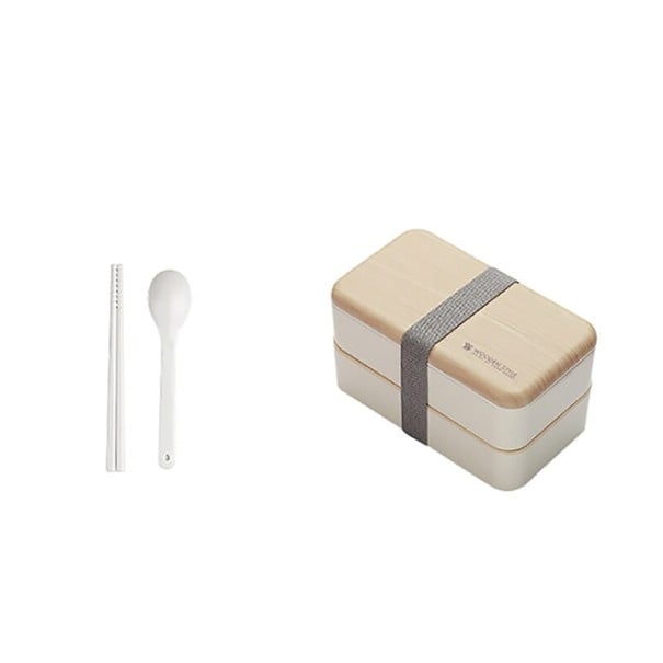 Zweistöckiger Bento-Box für Essen mit Löffel und Essstäbchen Besteckfach Eingebaute Trennwand Deckel mit Holzdekor Aus Kunststoff 18,5 x 10,5 x weiß