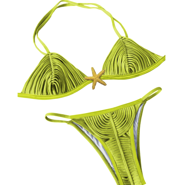 Zweiteiliger Bikini für Damen mit Quasten und Sternenmuster, zum Binden, Triangel-Oberteil und Tanga-Höschen mit Kordelzug, Sommer-Bademode hellgrün M
