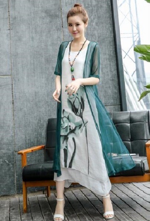 Zweiteiliges Sommerkleid für Damen dunkelgrün L