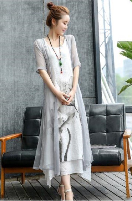 Zweiteiliges Sommerkleid für Damen hellgrau XL