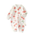 100% Baumwolloverall für Neugeborene mit Kirschdruck Langer Ärmel O-Ausschnitt Fröhlicher weißer Unisex-Overall mit Knopfverschluss 1