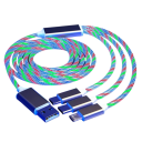 3in1 självlysande snabbladdningskabel USB C + Micro USB + Lightning iPhone + USB A 1,2 m LED-kabel 3A datakabel 4