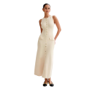 Vestido largo de mujer de punto sin mangas con botones y bolsillos Elegante vestido entallado con escote redondo Largo midi 1