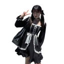 Rochie neagră din dantelă în stilul de modă lolita japoneză Mâneci lungi șireturi decorative Volane Funde Elegante cosplay gotic retro 2