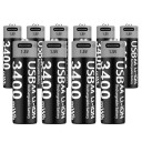 Set med 10 laddningsbara AA-batterier 3400 mWh Litiumjonbatterier 14,5 x 50,5 mm USB-C-laddning Ekologiskt utbyte Lätt att använda Lång livslängd 1