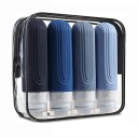Set med 4 silikonreseflaskor à 90 ml i färgglad design. Återförslutningsbart fodral. Återfyllningsbara behållare för schampo och kräm. 3