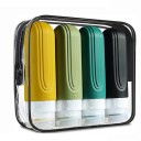 Set med 4 silikonreseflaskor à 90 ml i färgglad design. Återförslutningsbart fodral. Återfyllningsbara behållare för schampo och kräm. 6