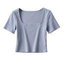 Damt-shirt med kort ärm Elegant fyrkantig halsringning Slim fit Lätt ribbat material Snygg bastopp för vardagsbruk 1