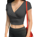 Dam V-ringad Crop T-shirt Kort Tight Topp Elegant Kortärmad Casual T-shirt Fitness Sommarkläder 4
