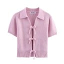 Damsvettar crop top med krage Kort ärm Tre snören för knytning fram Enfärgad sommartopp Olika färger Polyester Bomull 3