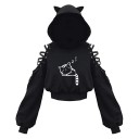 Damsk hoodie med kattöron Svart hoodie med kattmönster och snörning på axlarna Bekväm bomulls-polyester överdel 1