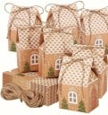 24 pièces Boîtes mini de Noël pour bonbons 10,5 x 7 x 5 cm Papier kraft Maisons beiges avec cordeau Emballage cadeau pour fêtes et mariages 5