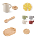 Trä te-set för barn Montessori med kanna, 4 koppar, underkoppar och skedar BPA-fri för lek med matlagning 5