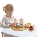 Trä te-set för barn Montessori med kanna, 4 koppar, underkoppar och skedar BPA-fri för lek med matlagning 8