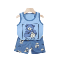 Conjunto azul para niños con osito, camiseta de tirantes anchos y pantalones cortos con goma, conjunto de verano unisex de algodón 2
