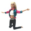 Klädeset för mode docka Vit crop top Svarta byxor med silverbälte Glänsande turkos jacka med rosa ärmar Tyg 4