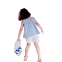 Conjunto de verano para niña Top azul con tirantes anchos y pantalones cortos blancos con fruncido Escote redondo con botón 2
