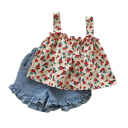 Conjunto de verano para niña con top de flores y pantalones cortos azules con fruncido y escote en O, conjunto cómodo 1