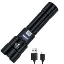 Tehokas LED-taskulamppu 2000 lm 15 x 4 cm Lataava USB-taktiikkavalo zoomilla ja näytöllä retkeilyyn ja hätätilanteisiin 2
