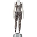 Damsoverall med leopardmönster V-ringning Långa byxor Elegant topp Elastisk passform Bekvämt material Polyester Spandex 7